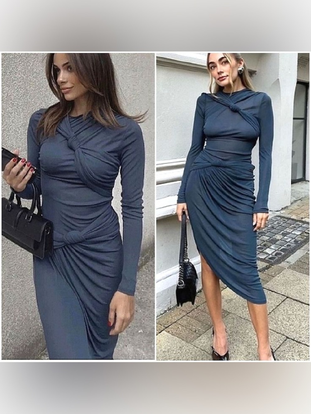 Zara Slate Blue Long-Sleeve Knotted Midi Dress